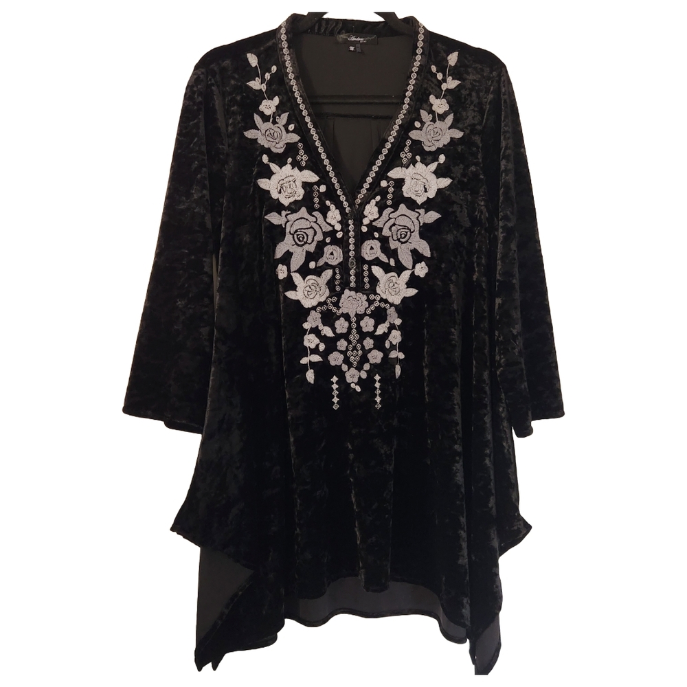 Embroidered Black Velvet Women's Tunic Top